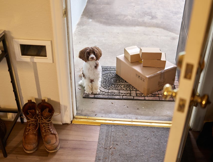 Dog supervised while sniffing a cardboard box with safe treats inside