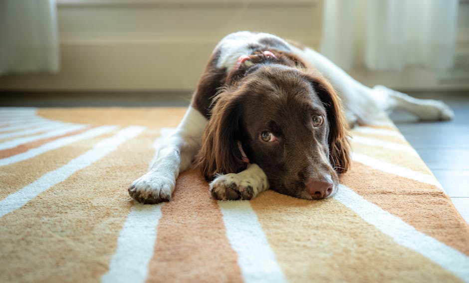 Person blotting and spraying enzyme cleaner on a rug after a pet accident