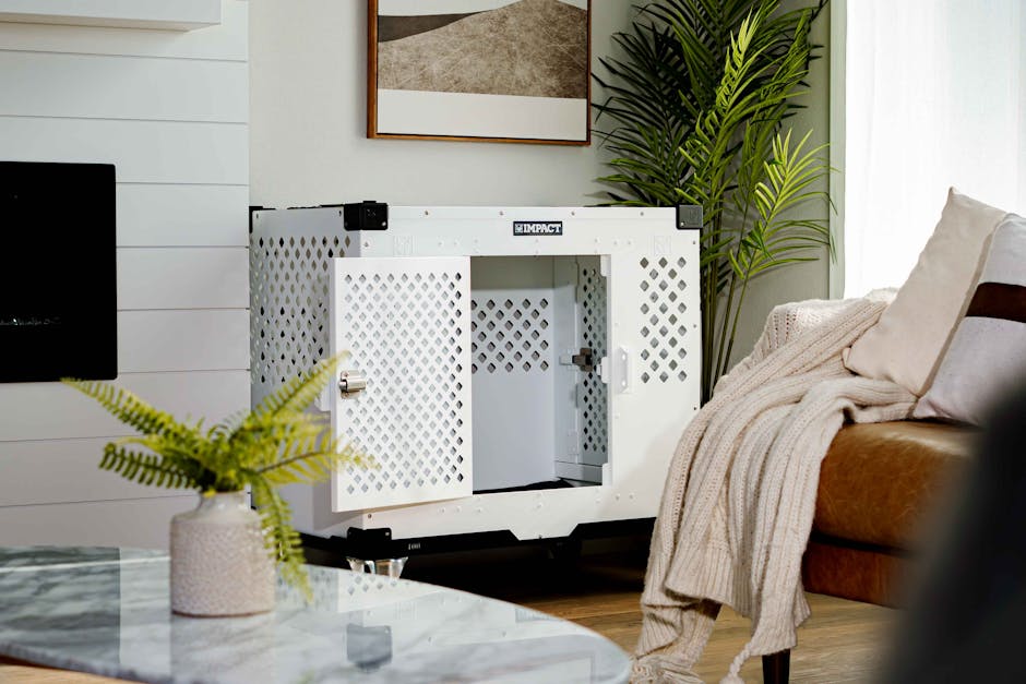 Dog resting calmly in a crate safe zone with curtains closed during fireworks night