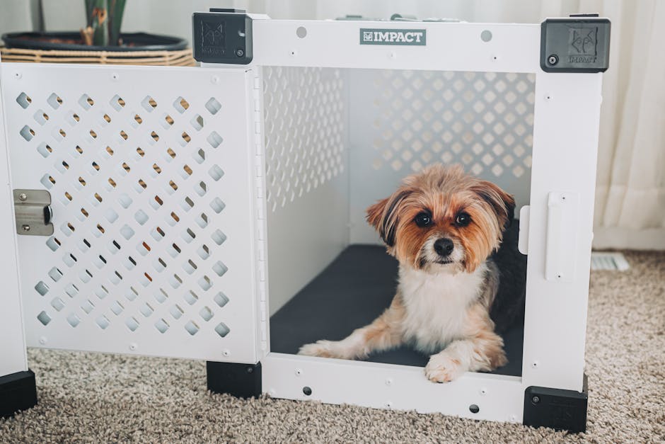 Calm dog lying on bedding inside an open crate in a home living room