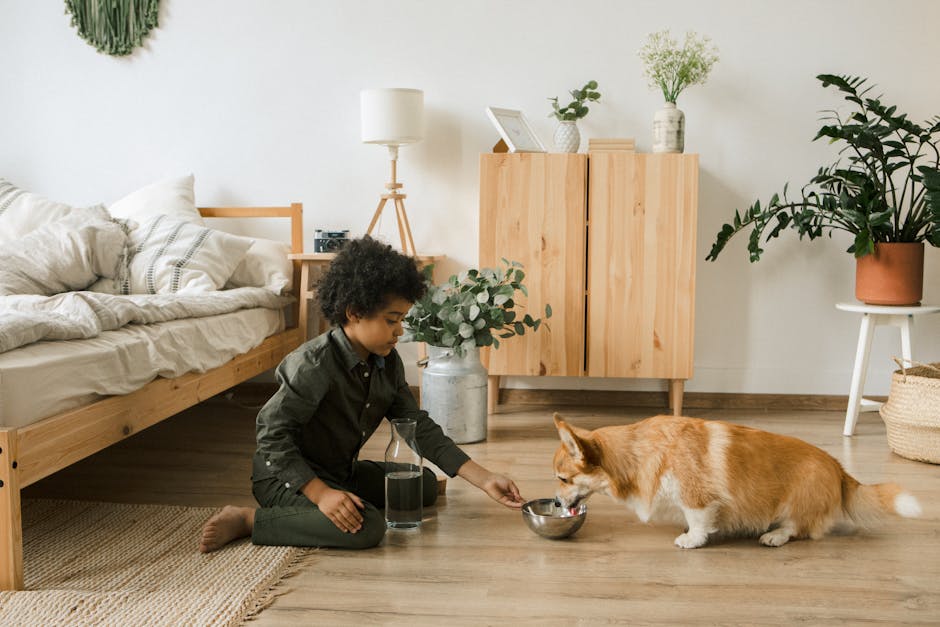 Dog or cat near a clean water bowl placed in a quiet indoor spot