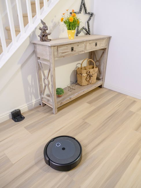 Robot vacuum moving across a living room while a pet watches from a safe distance