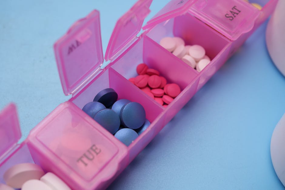 Locked cabinet with a pet-safe medication organizer and checklist for doses